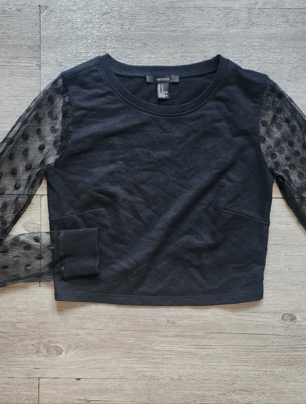 Forever 21 Black Crop Top w/ Polka Dot Mesh Long Sleeves Size Small